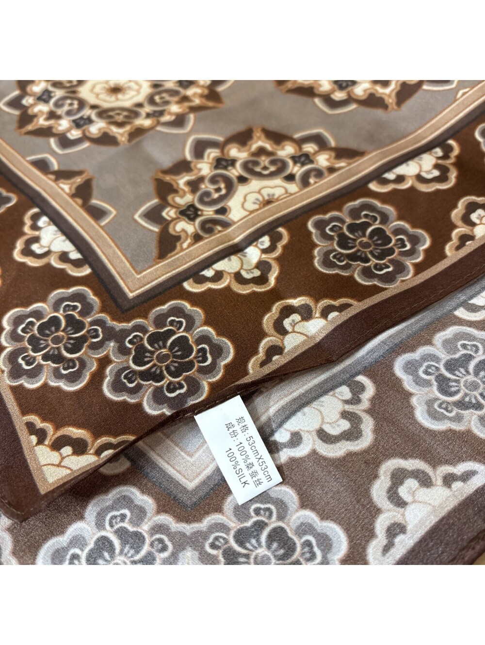 Vintage 100% Silk Scarf Brown Floral Print 53 X 53cm